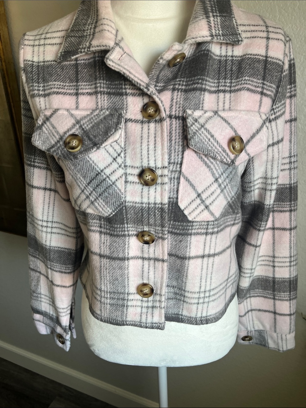 Pink and Gray Plaid Crop Utility Jacket